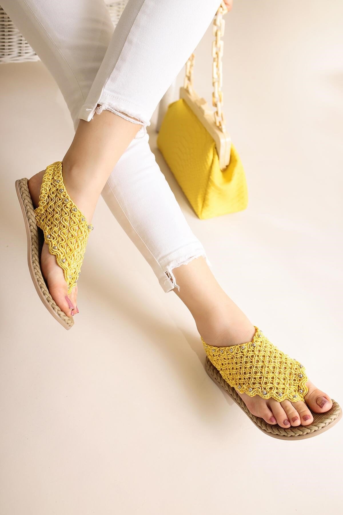 Blythe Yellow Knit Stone Detailed Eva Soled Sandals