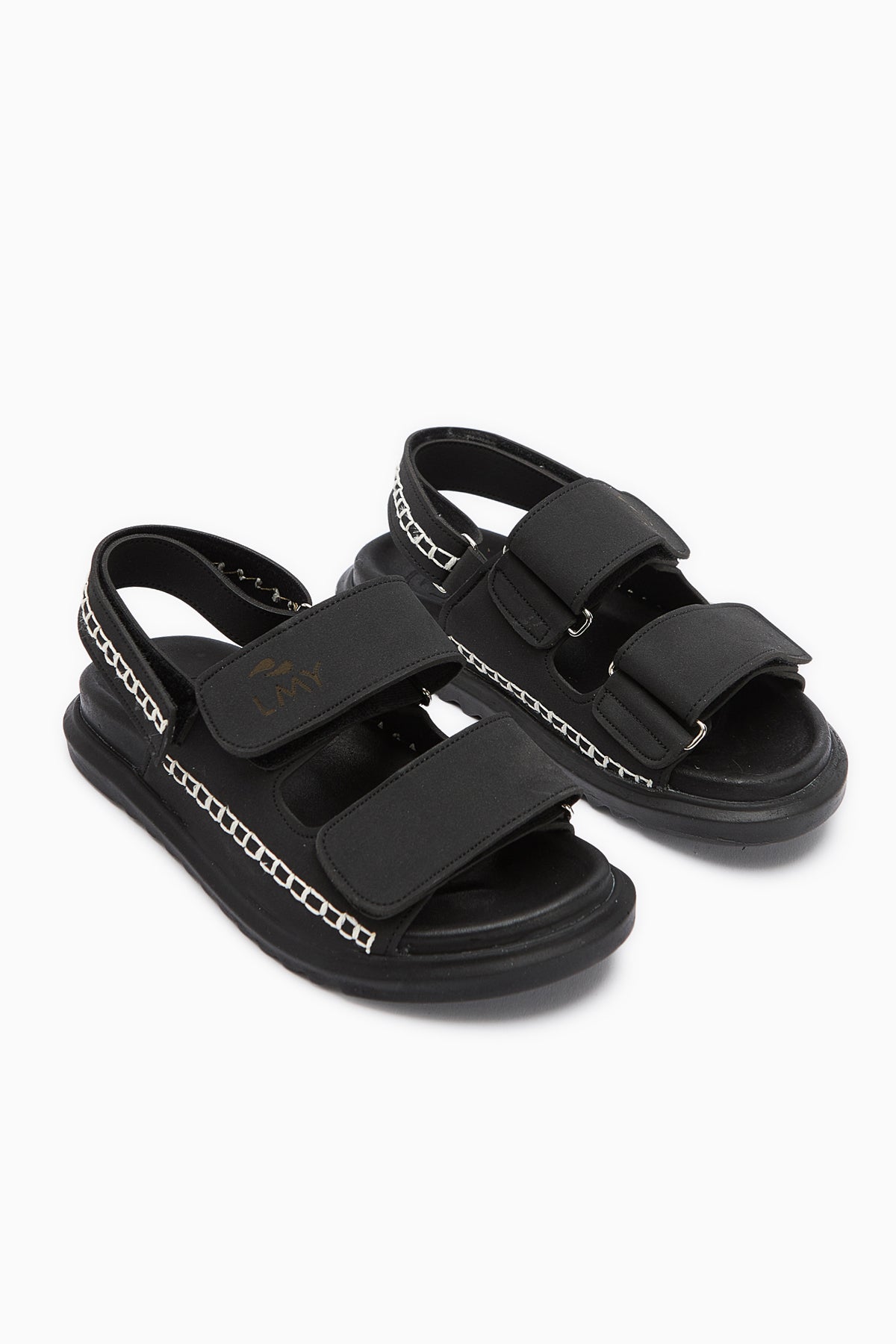 Sanna Damen Schwarze Sandale mit Stickerei Detail und Klettverschluss