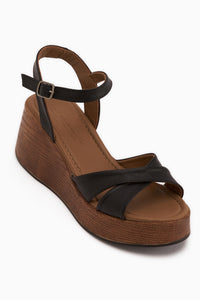 Nooria Echtes Leder Schwarz Kreuzband Wedge Damen Sandale