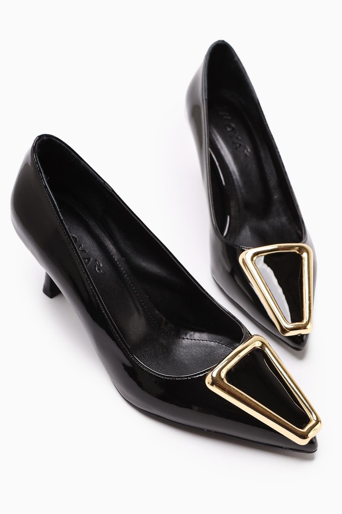 Carla Beige Patent Leather Pointed Toe Buckle Detailed Heeled Women's Shoes