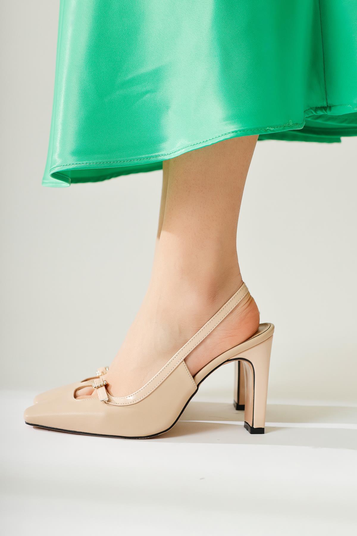 Elenita Beige Flat Toe Stone Detailed Heeled Shoes