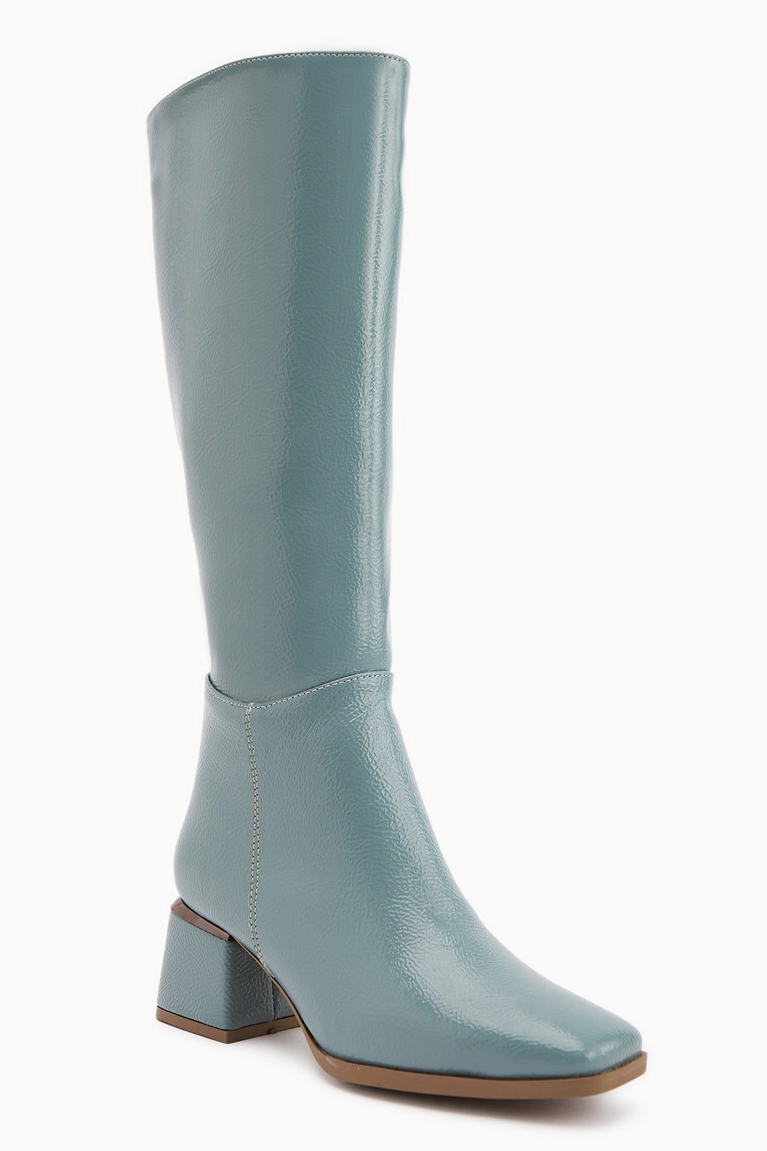 Miami Blau Zerknittertes Lackleder Quadratzehen Damen Stiefel