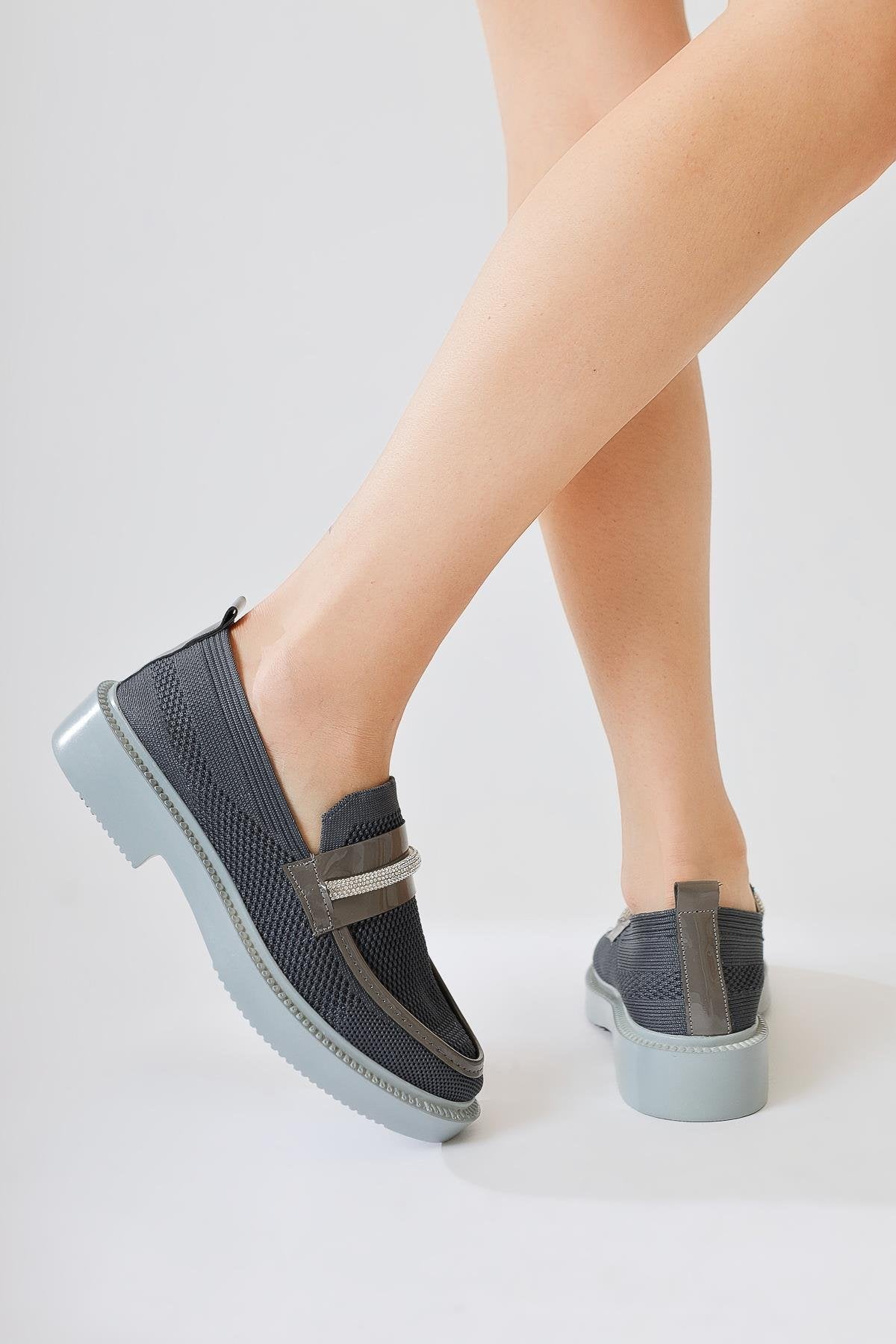 Micka Anthracite Knitted Patent Leather Detailed Stone Banded Casual Shoes