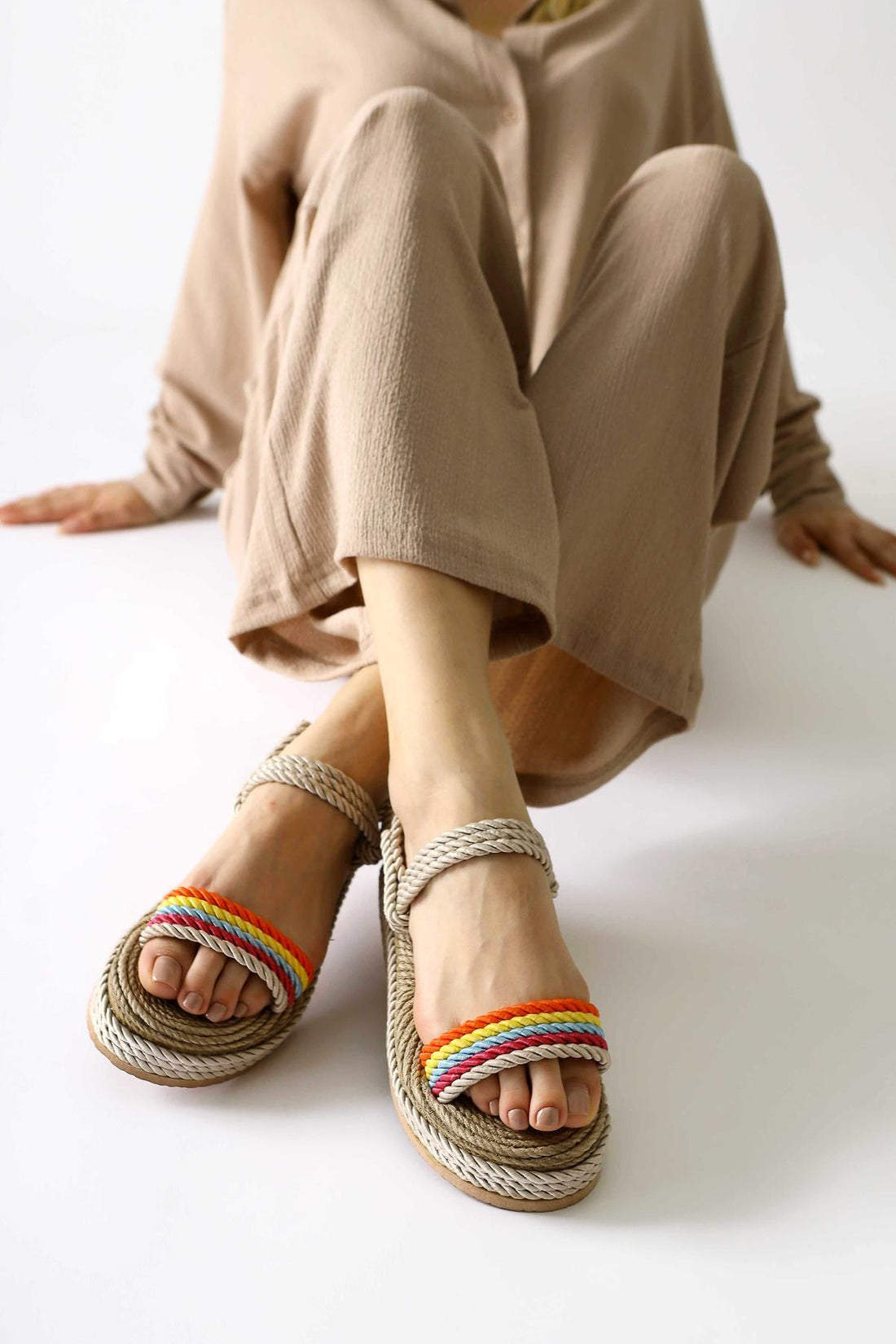 Velika Cream - Multicolored Thick Soled Rope Sandals