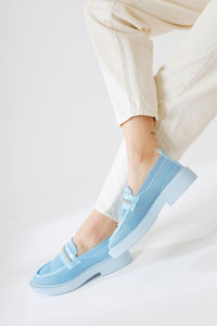 Micka Blue Knitted Patent Leather Detailed Stone Banded Casual Shoes