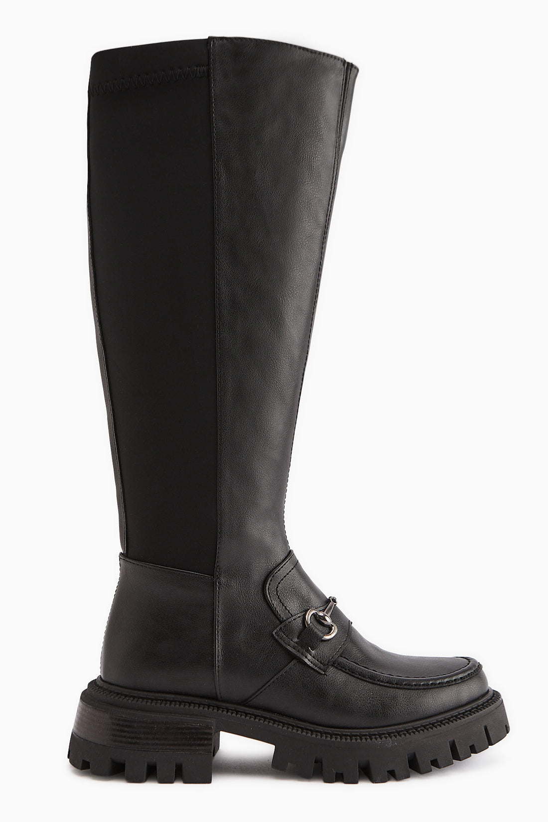 Meli Schwarze Stretchweite Waden Schnallen Detail Tauchstoff Stiefel