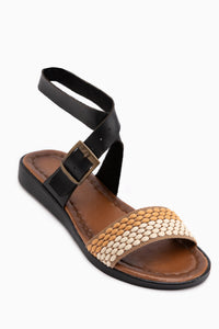 Echtes Leder Marva Schwarz Gewebt Detail Damen Sandale