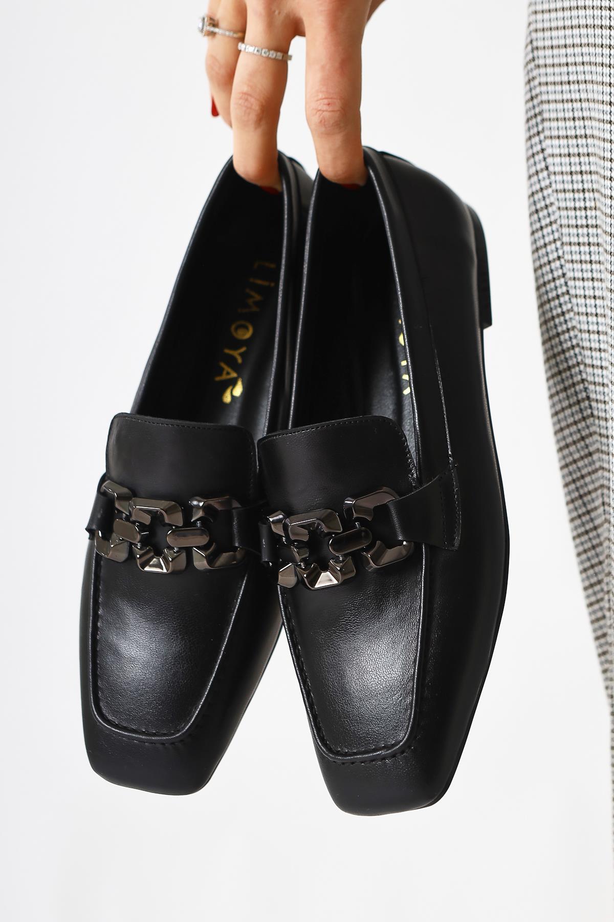 Asmin Echtes Leder Schwarze Schnalle Detaillierte Quadratische Zehe Tägliche Damenschuhe