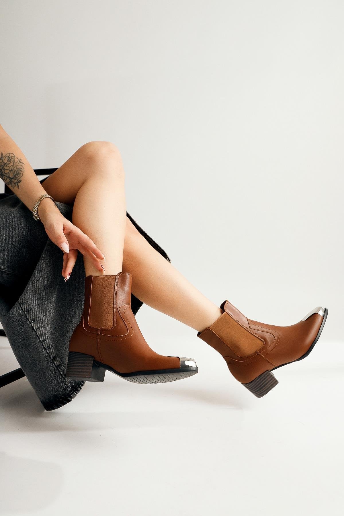 Micki Tan Pointed Toe Metal Detailed Boots