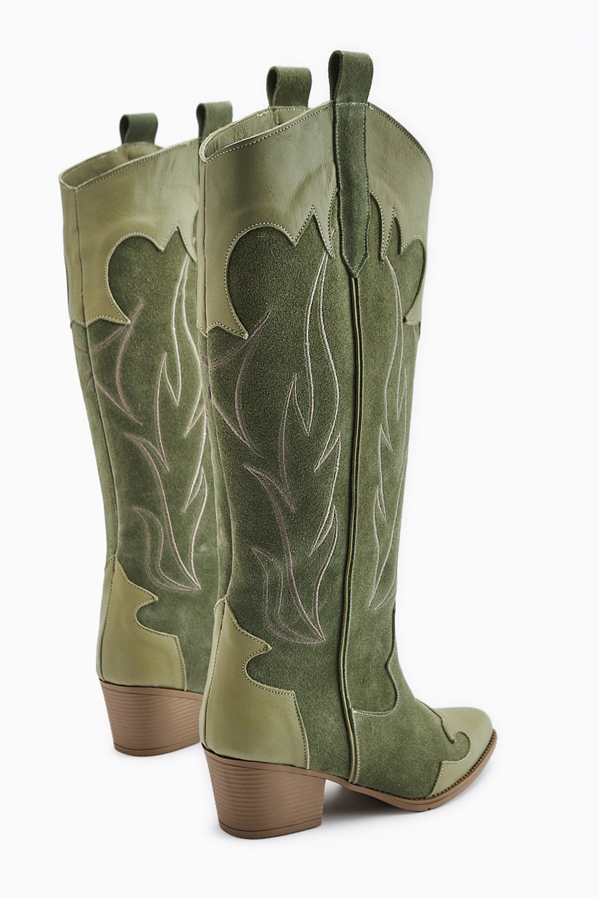 Lara Genuine Leather Olive Suede Embroidered Leather Detailed Heeled Western Boot