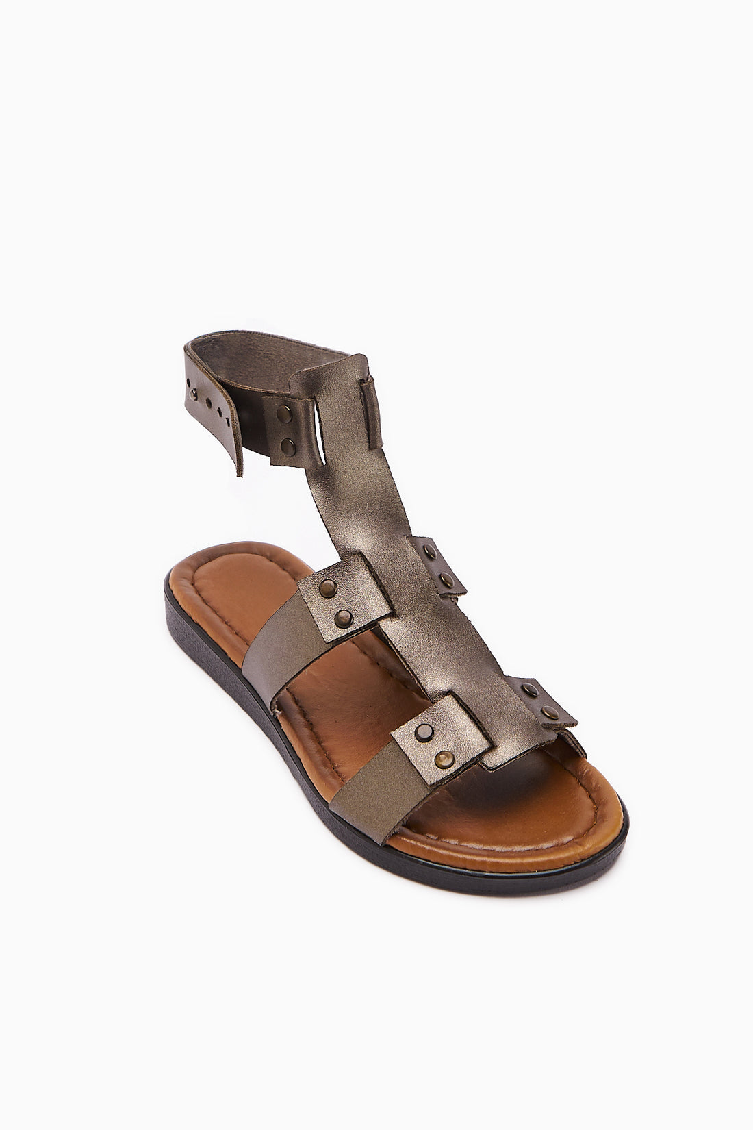 Echtes Leder Rayen Platin Drei Riemen Nieten Detail Damen Sandale