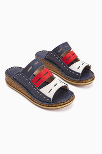Echtes Leder Joelle Navy Rot Weiß Comfort Laser Cut Pantoletten
