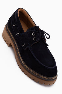 Matina Echtes Leder Marineblau Wildleder Schnürung Dicke Sohle Damen Loafer Schuhe