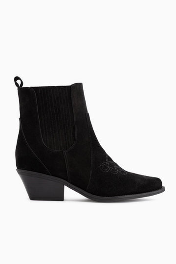 Freya Echtes Leder Schwarz Wildleder Bestickte Detail Damen Cowboy Stiefel