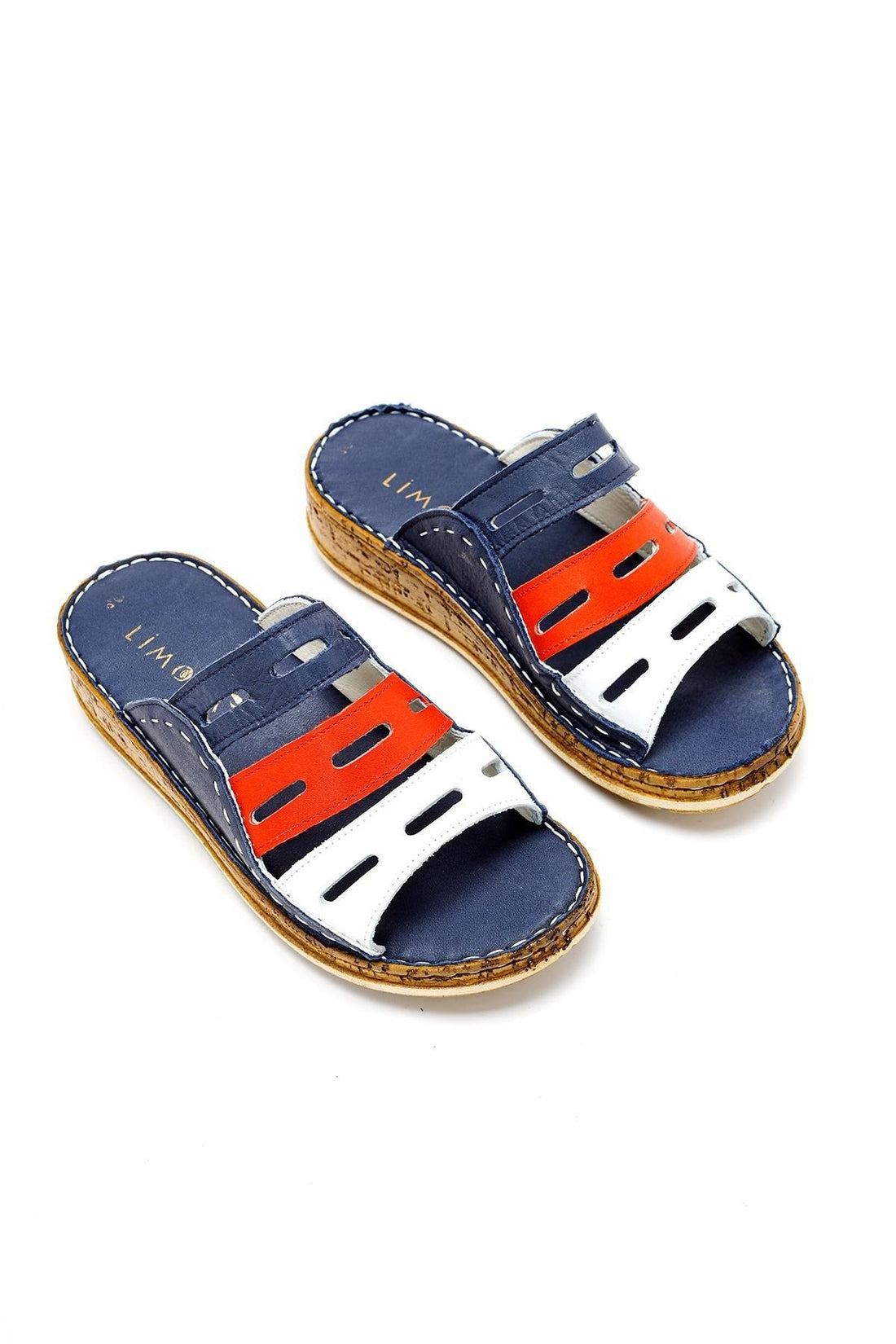 Joelle – Navy Rot Weiß Echtleder Slide mit Laser-Cut (Damen)
