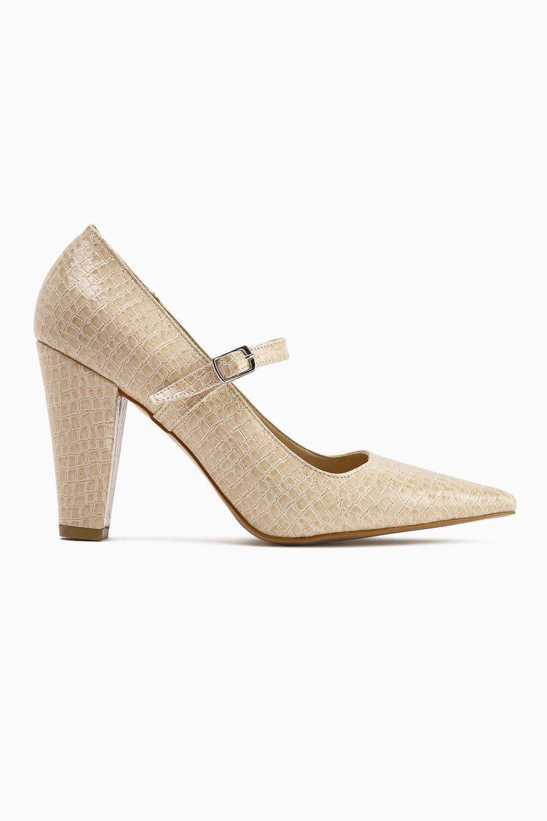 Beate Beige Crocodile Leather Print Pointed Toe Heeled Women's Shoes