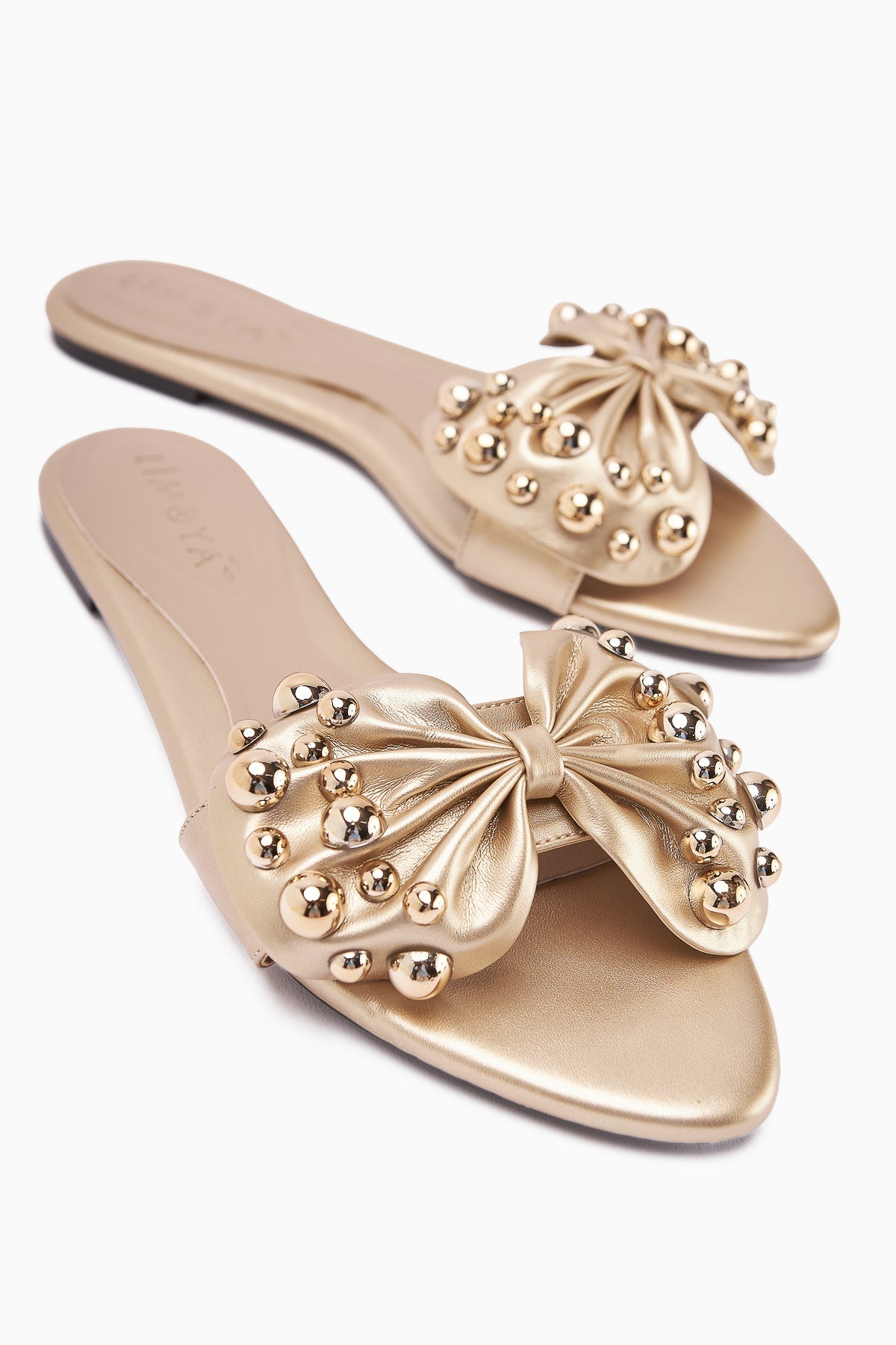 Dotty Women's Gold Slippers with Bow and Studs