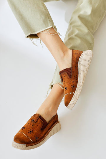 Bethina Tan Suede Rivet Detailed Laser Perforated Ballerinas
