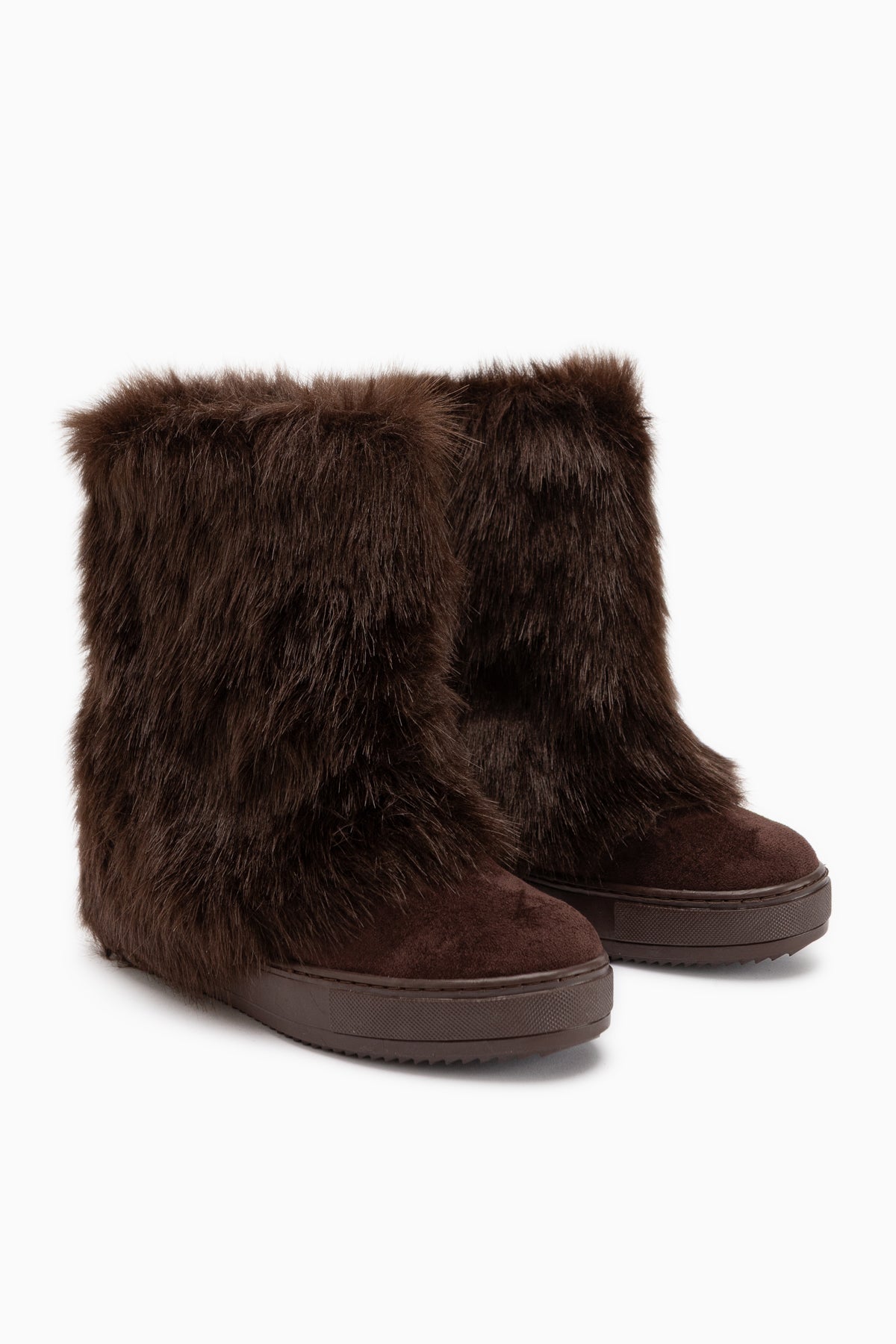 Randi Brown Suede Hidden Wedge Feathered Boots