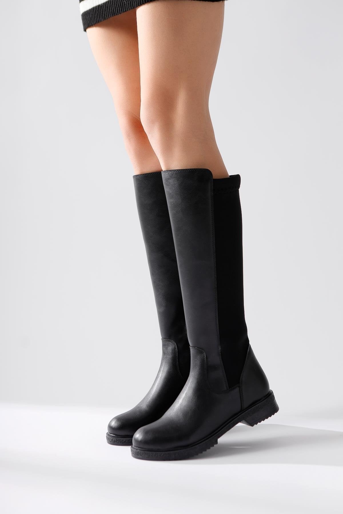 Benedikta – Black Oval-Toe Neoprene Fabric-Detail Knee-High Boot (Women)