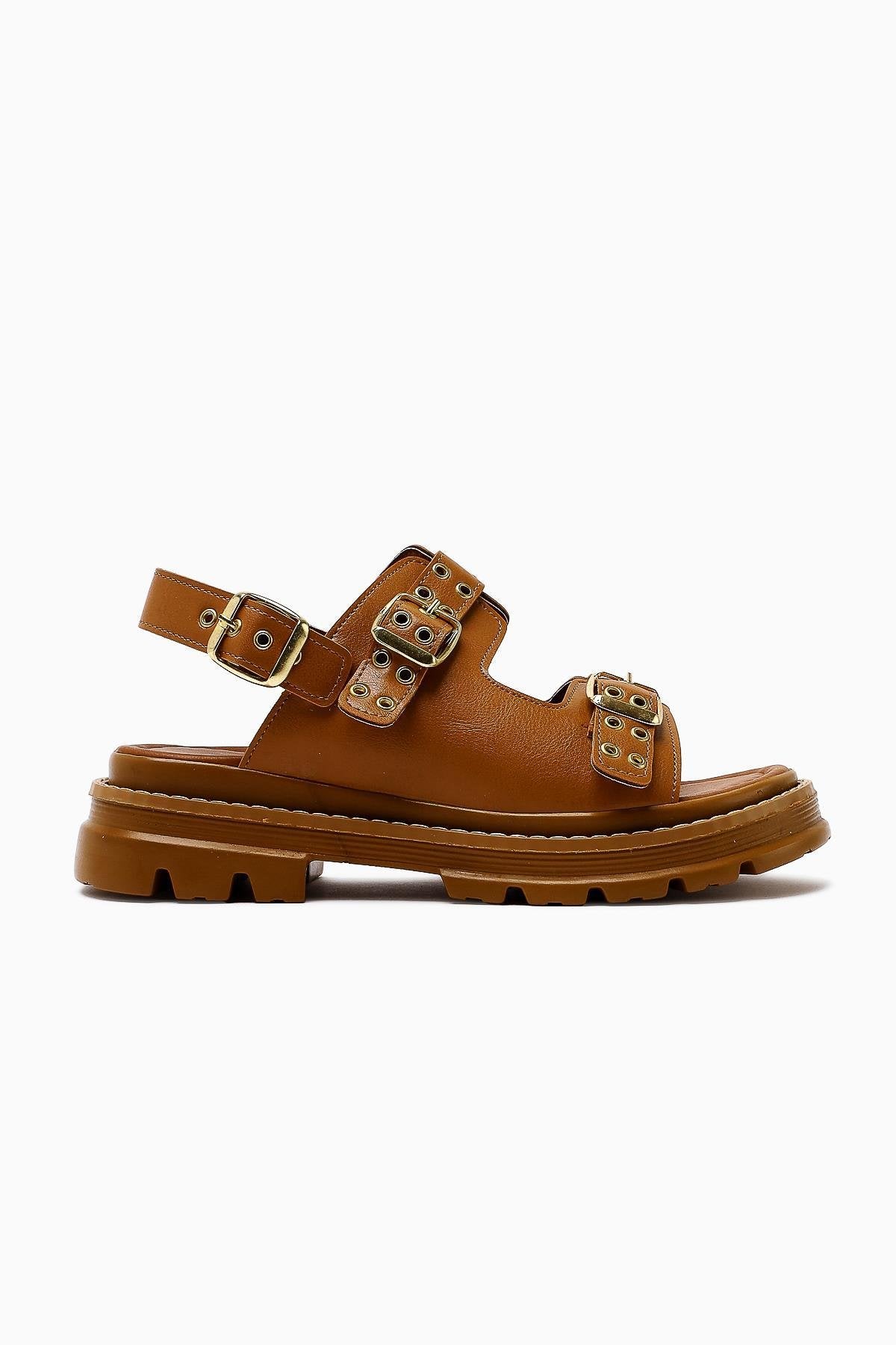 Julija Tan Double-Strap Studded Detail Thick-Soled Women's Sandals