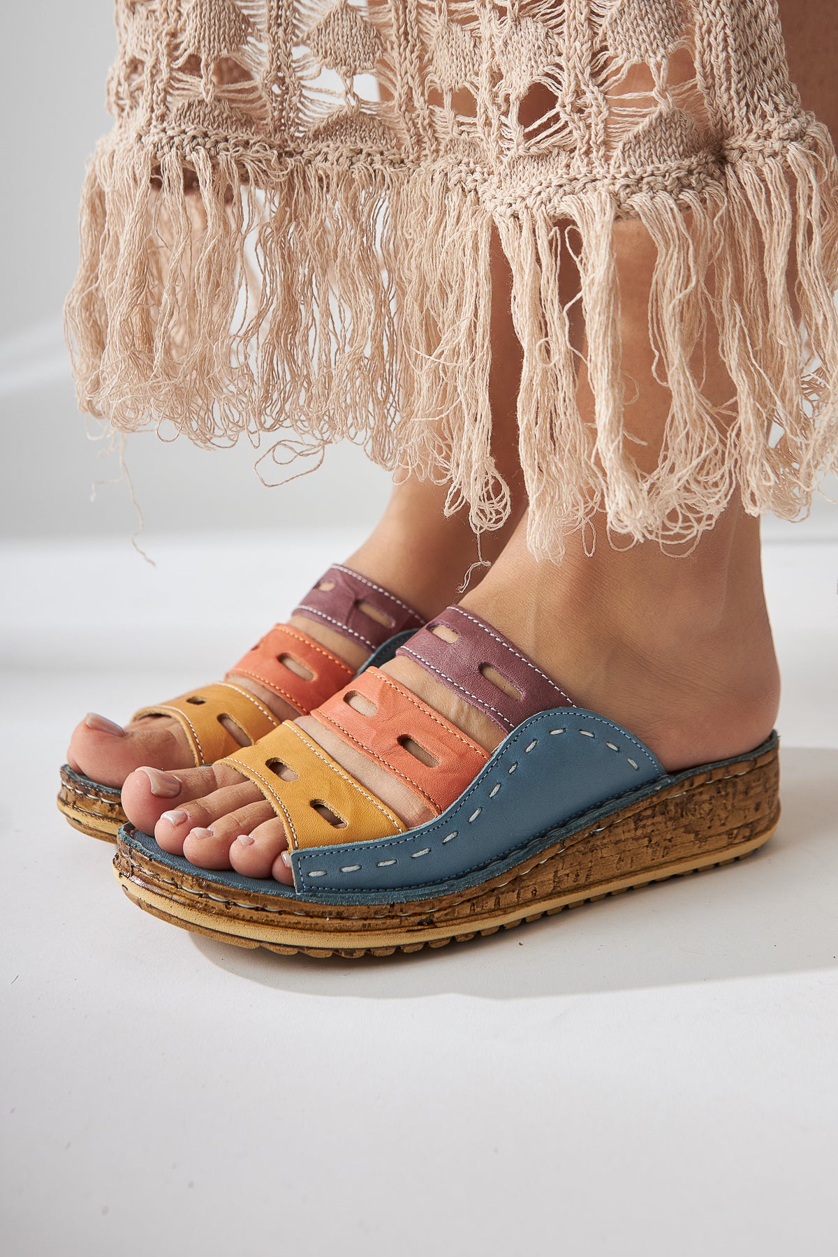 Echtes Leder Joelle Denim Blau Lila Orange Senf Komfort Laser Schnitt Pantoletten