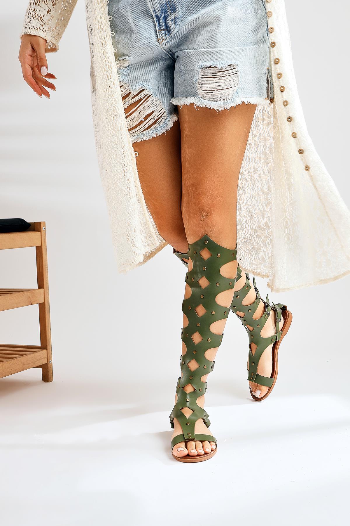 Haixia Genuine Leather Khaki Gladiator Sandals