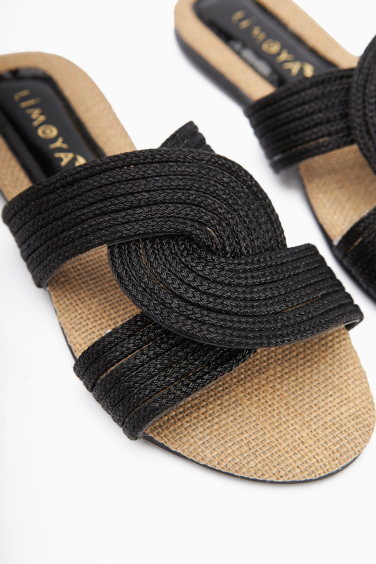Nihaal Schwarze Stroh-Kreuzriemen Flache Damen Hausschuhe