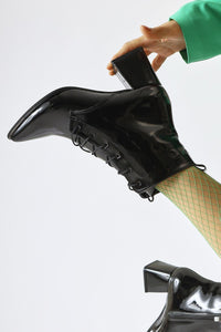 Kalaya Black Patent Leather Pointed Toe Zippered Heeled Boots
