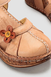 Genuine Leather Katlyn Beige Flower Detail Closed Toe Wedge Sandals
