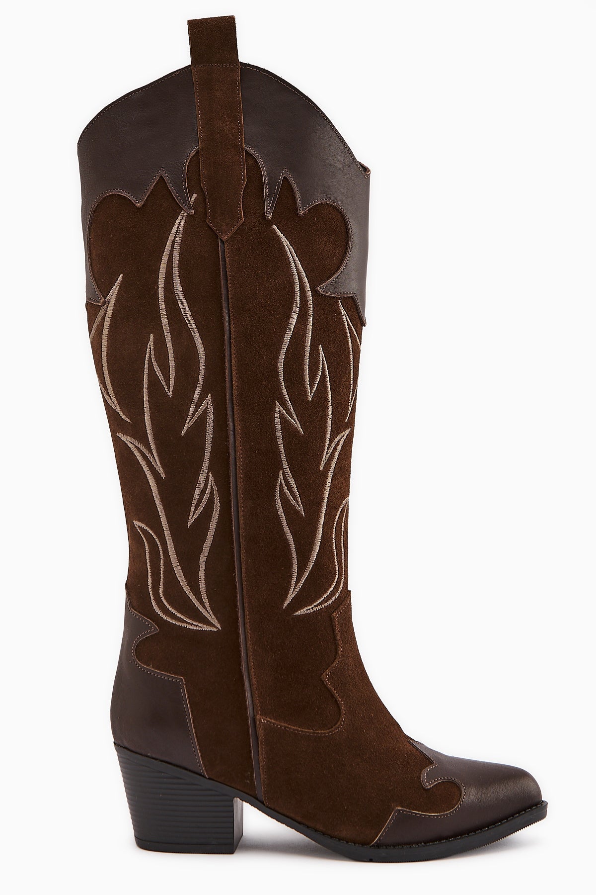 Lara Genuine Brown Suede Embroidered Leather Detailed Heeled Western Boots