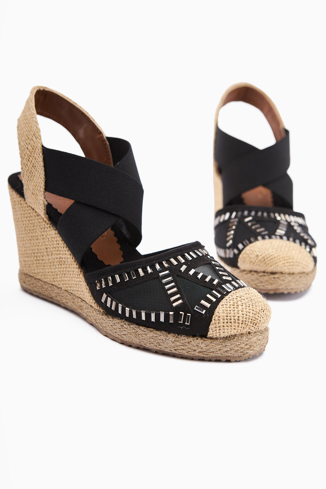 Meliza Black Elastic Straw Sole Heeled Women's Sandals