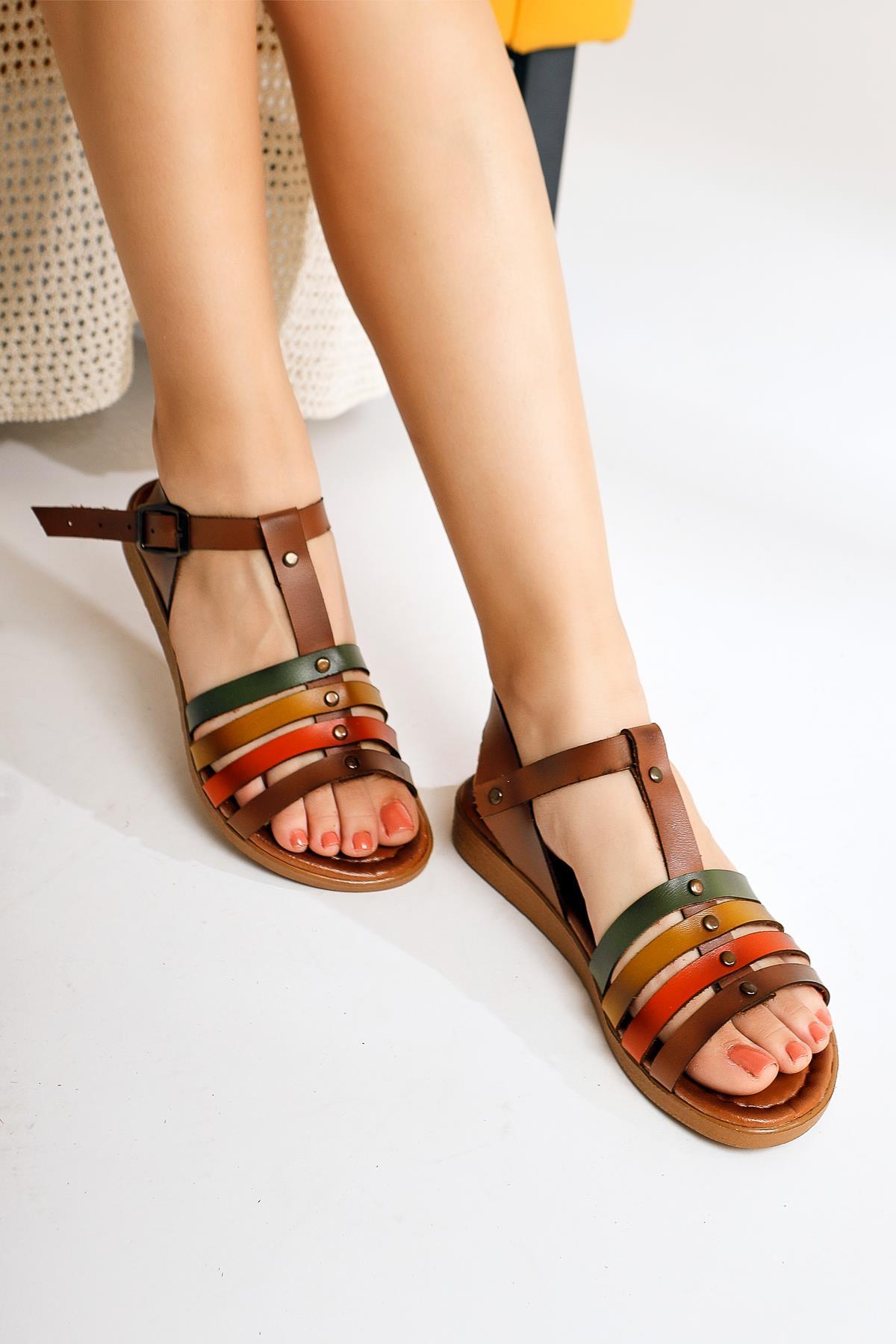 Genuine Leather Akira Tan Four-Strap Sandals