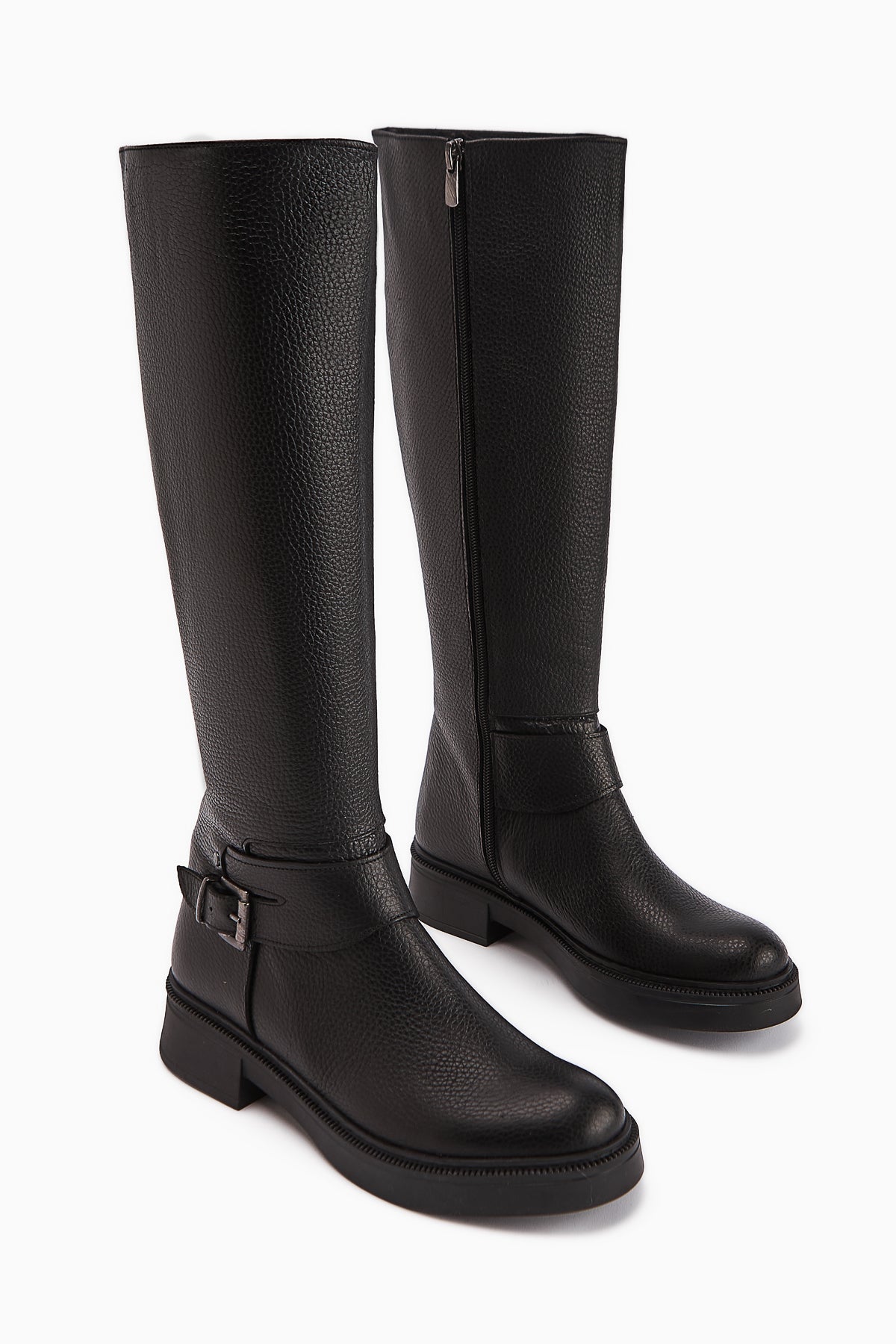 Penda Genuine Leather Black Buckle Detail Women's Zippered Boot