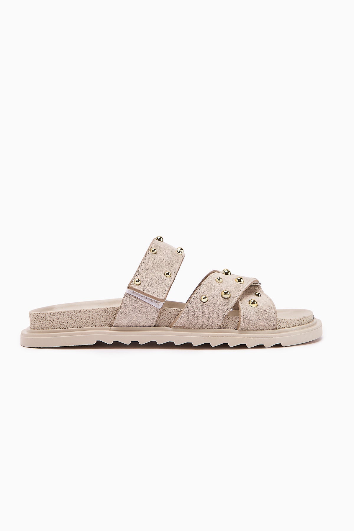 Mino Beige Cross-Strap Studded Women's Slippers