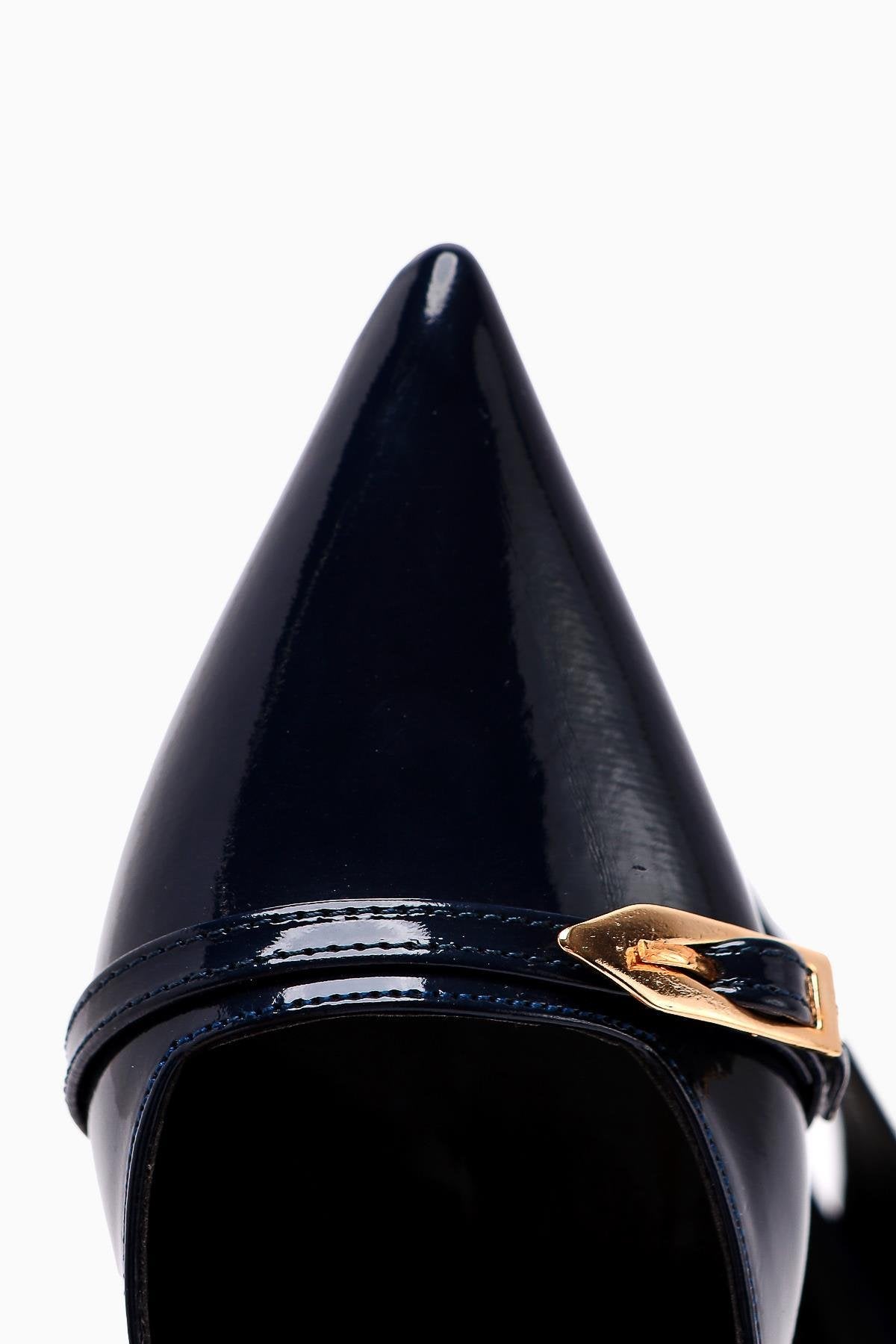 Camillas Navy Blue Patent Leather Pointed Toe Buckle Detailed Women's High Heel Shoes