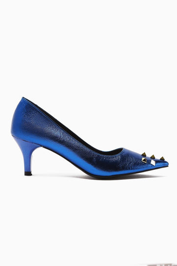 Anni Navy Blue Shiny Wrinkled Patent Leather Pyramidal Studded Heeled Women's Shoes