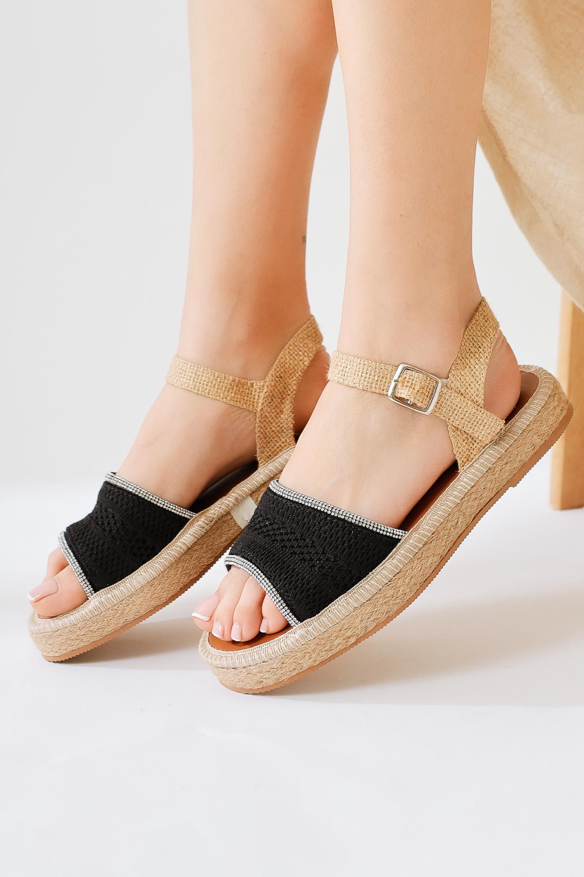 Svetlana Black Stone Knitted Strappy Sandals
