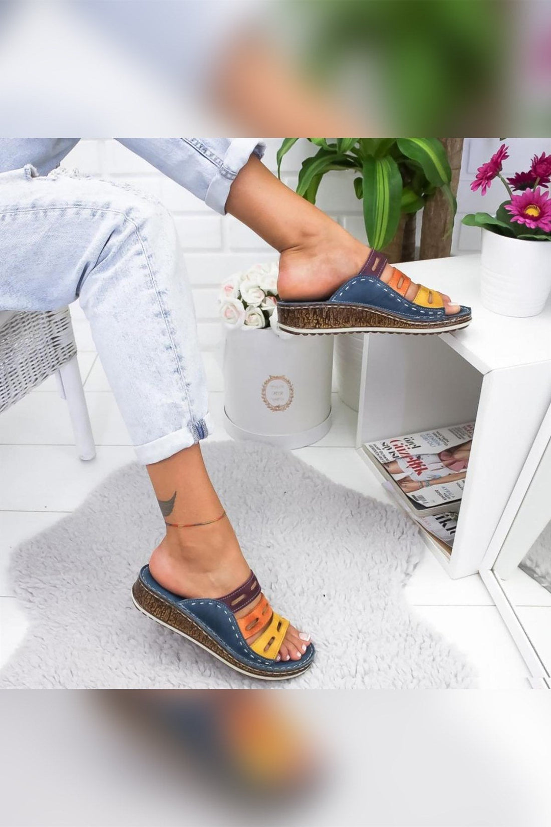 Joelle – Denimblau Violett Orange Senf Echtleder Slide mit Laser-Cut (Damen)