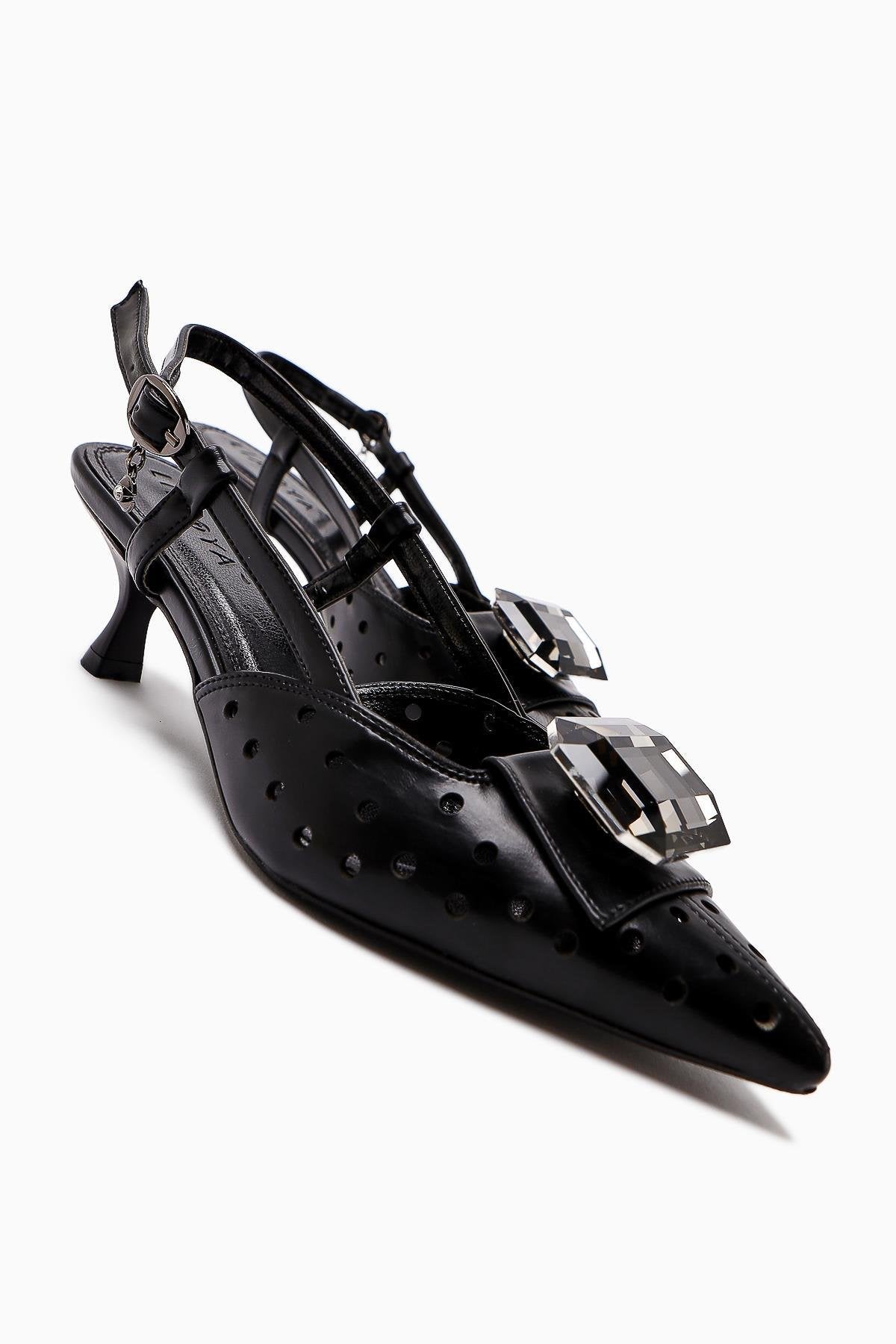 Ela Black Pointed Toe Laser Cut Stone Women's High Heel Shoes