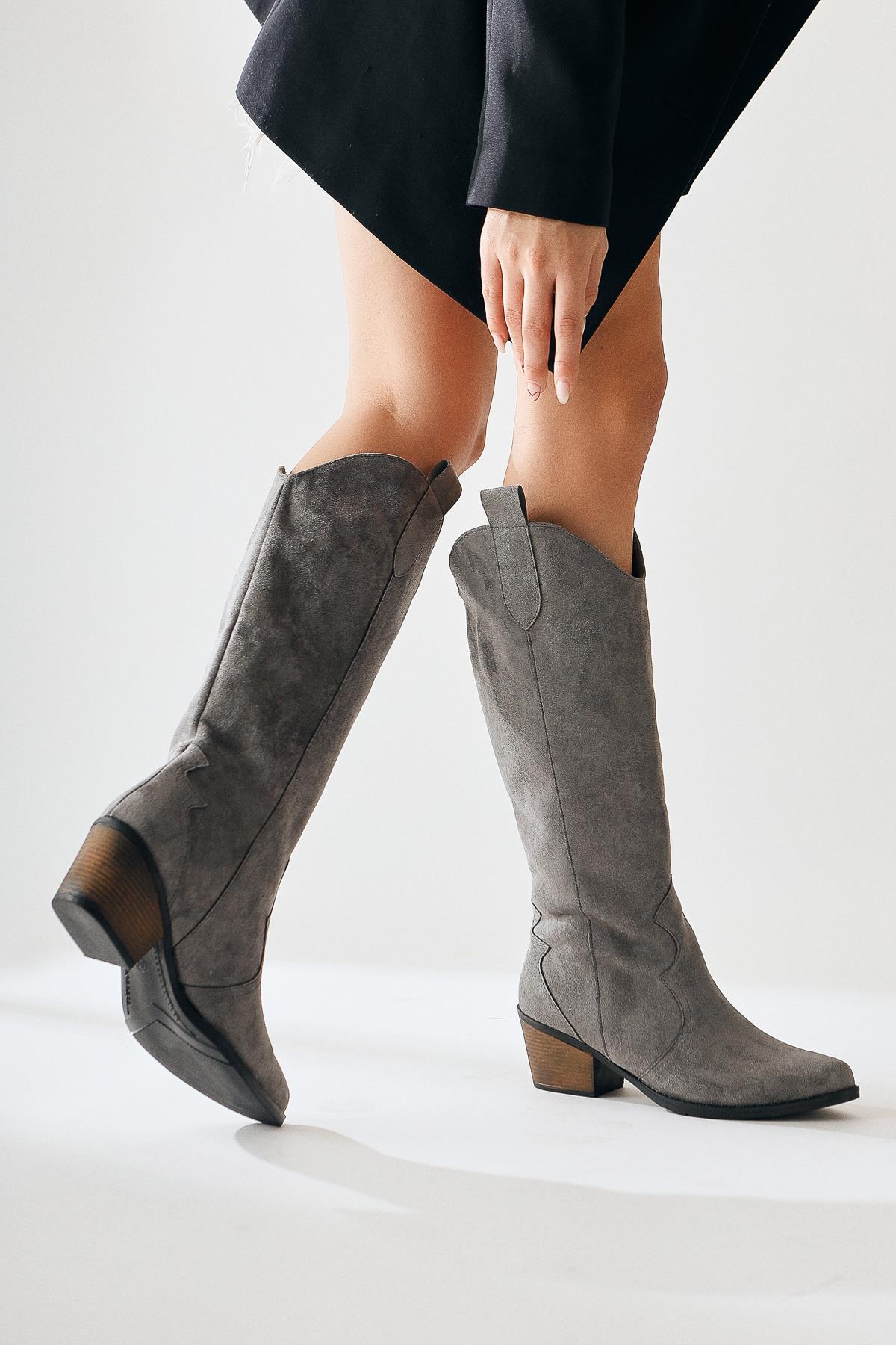 Lhena – Gray Suede Western Pull-On Knee-High Boot (Women)