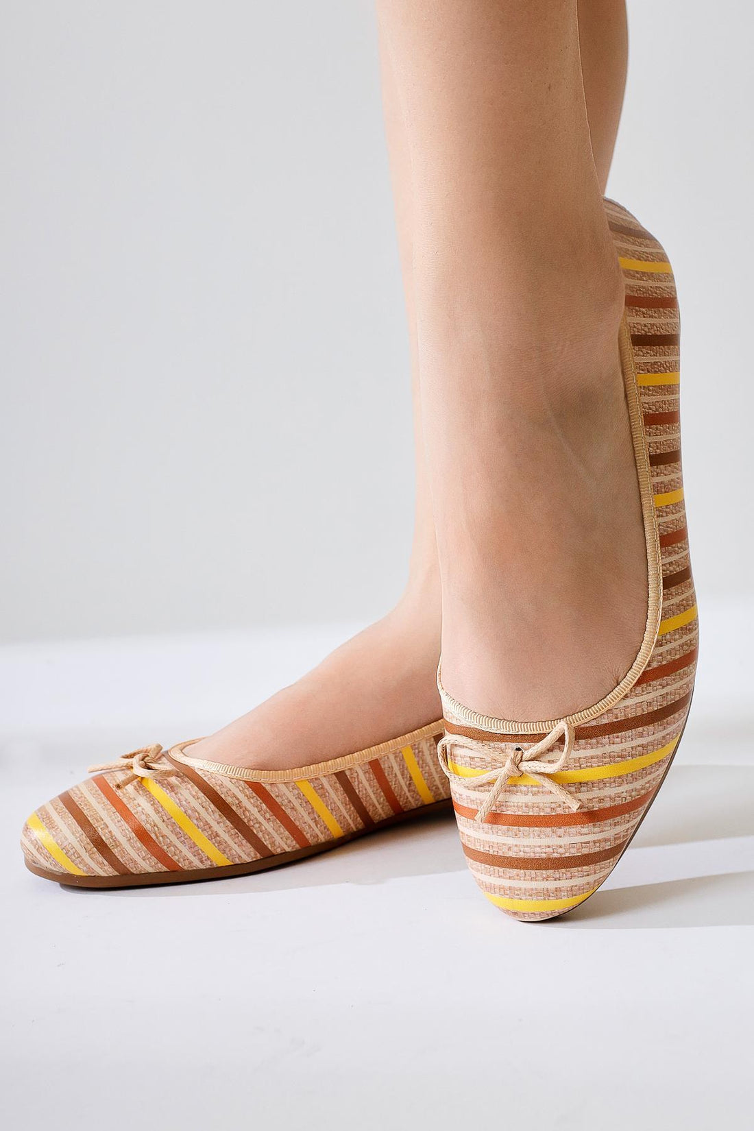 Melin Cream Striped Printed Bow Detailed Ballerinas