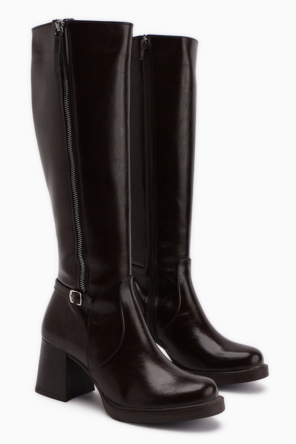 Nelia – Brown Wide-Shaft Heeled Knee-High Boot (Women)
