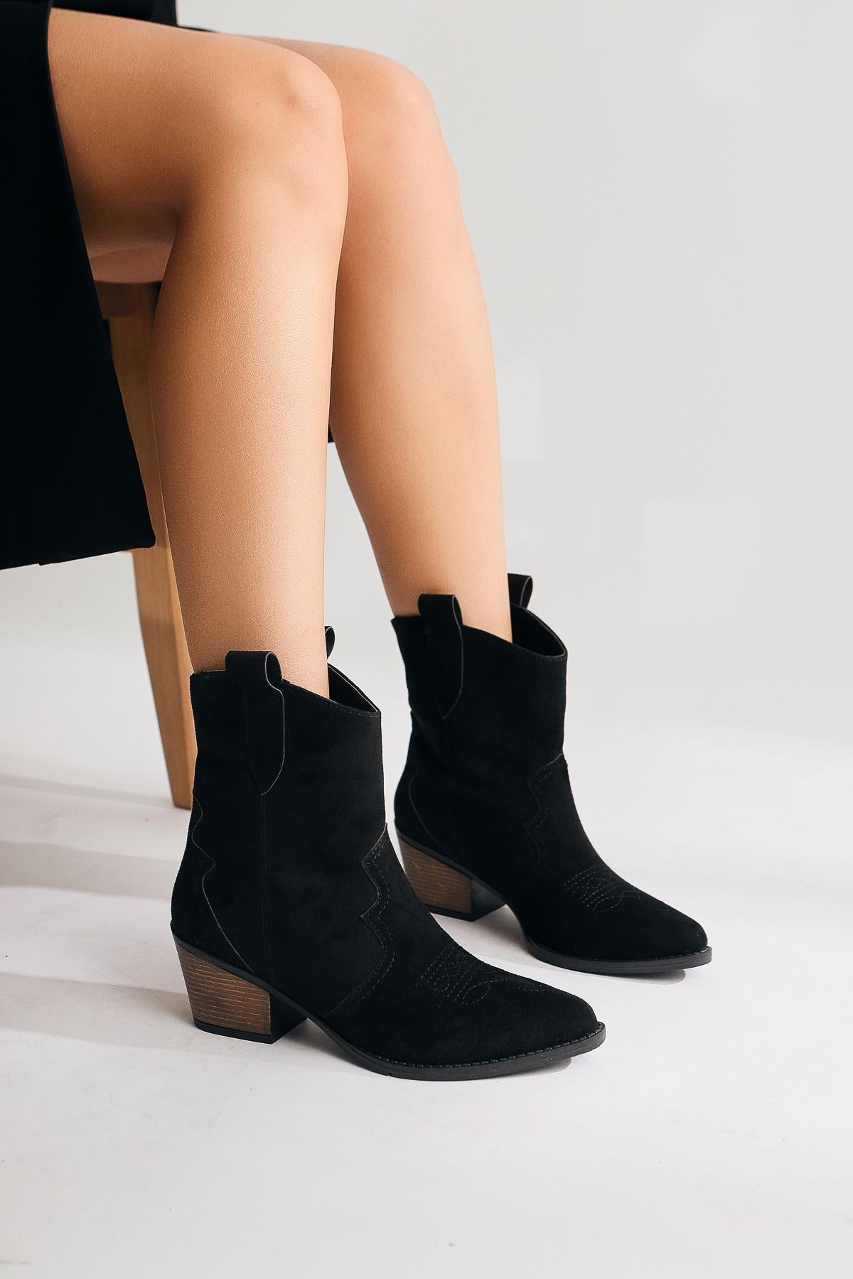 Joo Black Suede Pointed Embroidered Western Boot