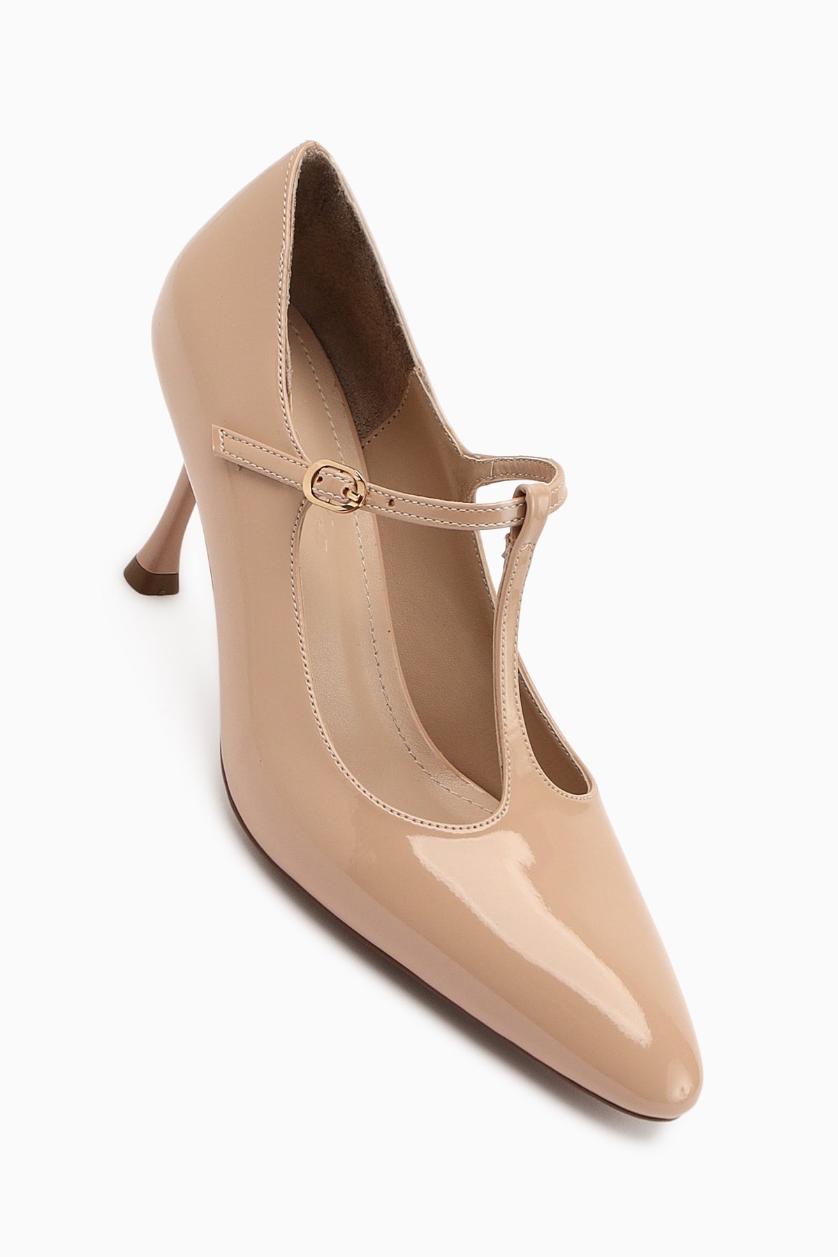 Sania Beige Patent Leather Belted High-Heeled Women's Shoe