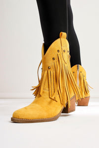 Lillebeth Yellow Suede Tassel Stud Detail Western Boots