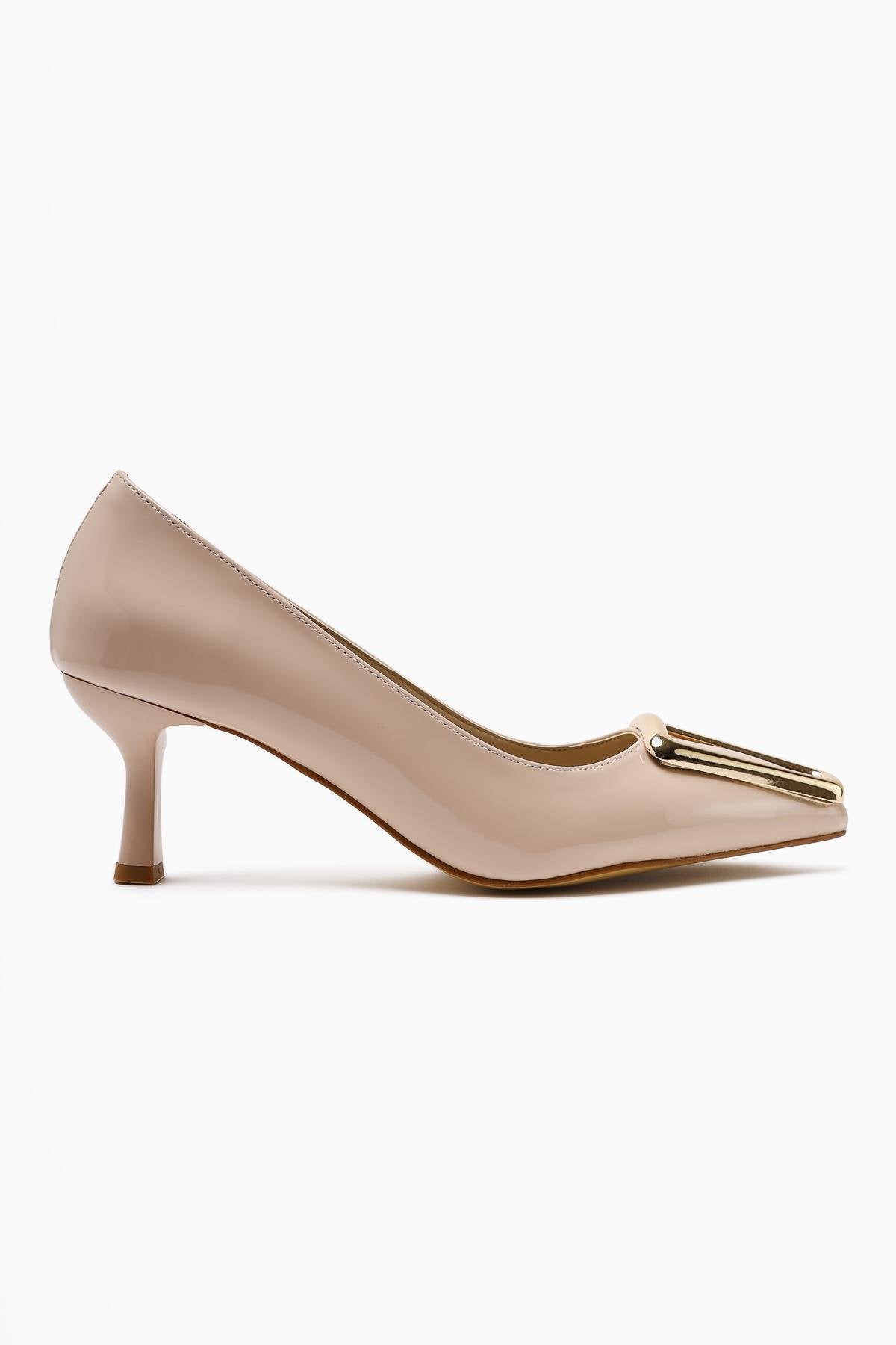 Carla Beige Patent Leather Pointed Toe Buckle Detailed Heeled Women's Shoes