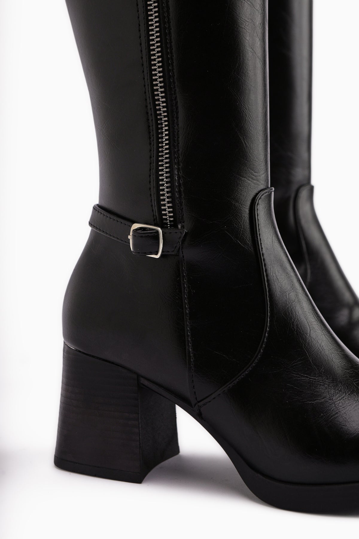 Nelia – Black Wide-Calf Heeled Knee-High Boot (Women)