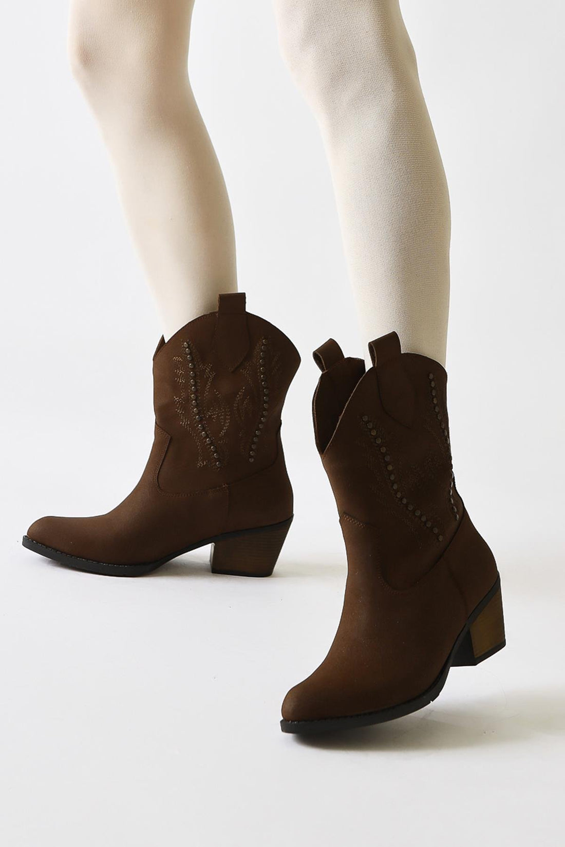Fiza Brown Pointed Toe Embroidered Studded Western Boots