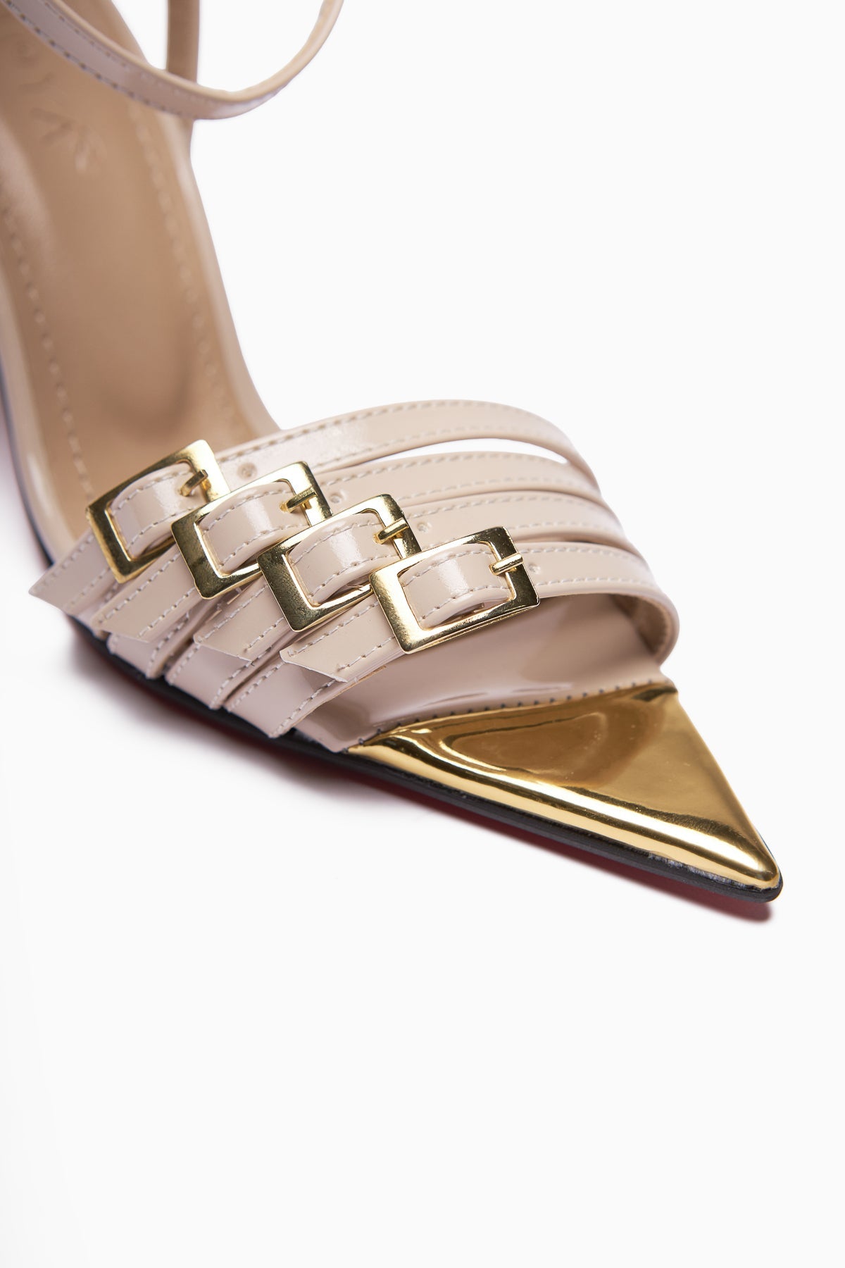 Helna Beige Gold-Schnallen Stiletto Knöchelriemen Damen Sandalen